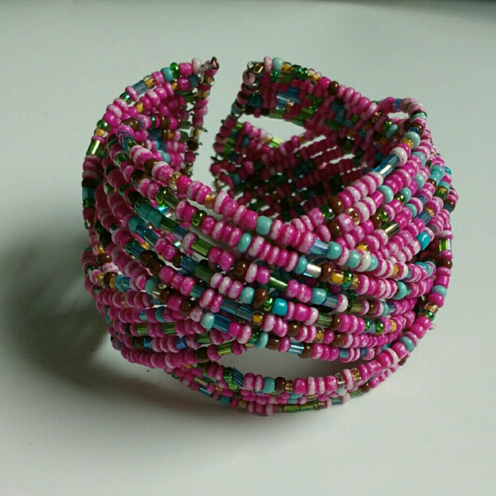 Pink, green & blue beaded braided cuff bracelet